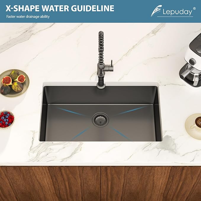 30 Inch Black Undermount Kitchen Sink Single Bowl 18 Guage Stainless Steel 30"x18"x9" Deep Under Counter Kitchen Sinks Basin R10 Round Corners Handmade Sink