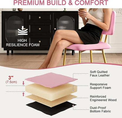 VECELO Dining Chairs Set of 4, Modern Upholstered Kitchen Chairs with Faux Leather Cushion Seat & Metal Legs for Kitchen, Living Room, Tufted Backrest Design, Pink