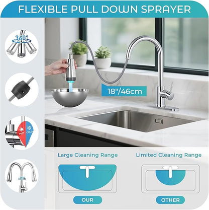 LED Kitchen Faucet with Pull Down Sprayer - Polished Chrome Single Handle Kitchen Faucets, High Arc Stainless Steel Pull Out Kitchen Sink Faucet with Deck for RV Laundry Farmhouse Bar