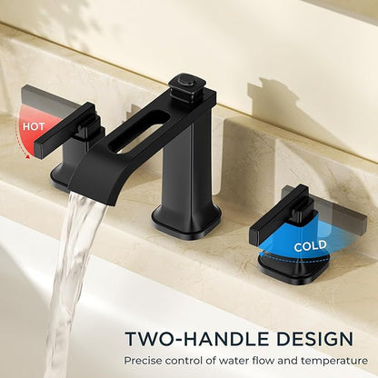 FORIOUS 3 Hole Bathroom Vanity Sink Faucet,Matte Black Waterfall Widespread Bathroom Faucets 2-Handle with Metal Pop-Up Drain, Modern Design