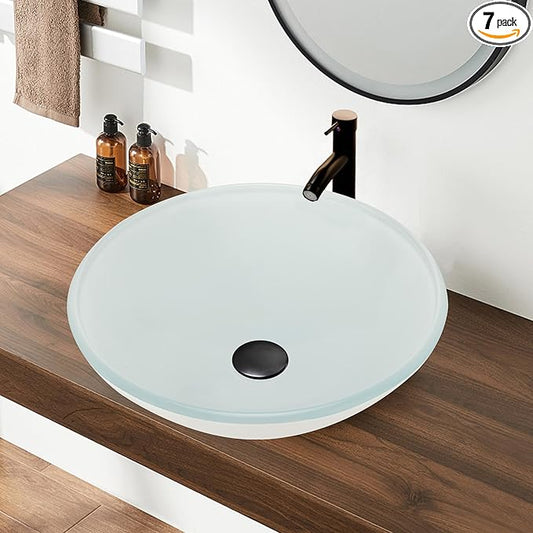 16.5" White Glass Vessel Sink with Faucet and Drain – Modern Round Countertop Bathroom Sink Bowl, Transparent Above Counter Vanity Basin for Small Spaces