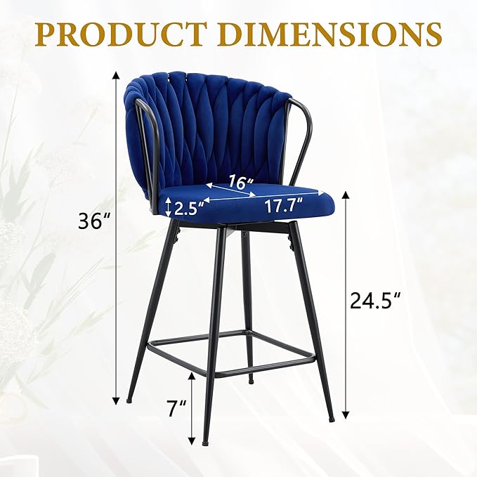 Velvet Upholstered Bar Stools Set of 2,Counter Height Bar Stools Set of 2, Modern Barstools for Kitchen Island, Cafe, Pub