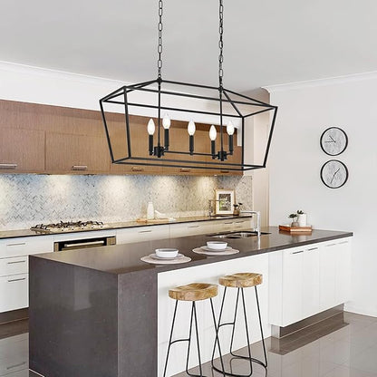 5-Light Kitchen Island Linear Chandelier Large Farmhouse Black Pendant Lighting for Dining Room Over Table Vintage Lantern Hanging Light Fixture, Sloped Ceiling