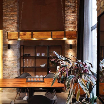 Wood Linear Pendant Lamp, 4 Lights Rustic Linear Chandelier Table Pendant Lamp, Wood Beam Farmhouse Island Hanging Light Fixture for Dining Room Bar Kitchen