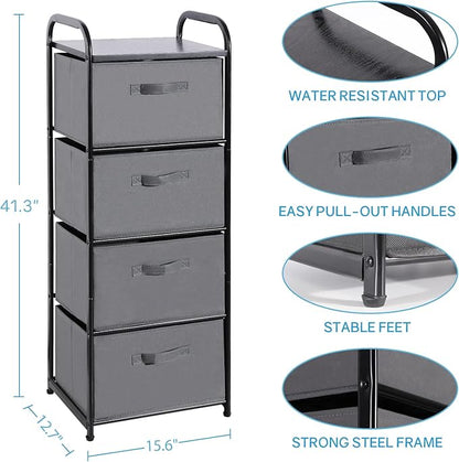 MAX Houser 4 Drawer Fabric Dresser Tall Storage Tower, Dresser Chest with Wood Top, Vertical Nightstand Side Organizer Unit with Metal Frame for Closets Bedroom Nursery Room Hallway(Leaden)