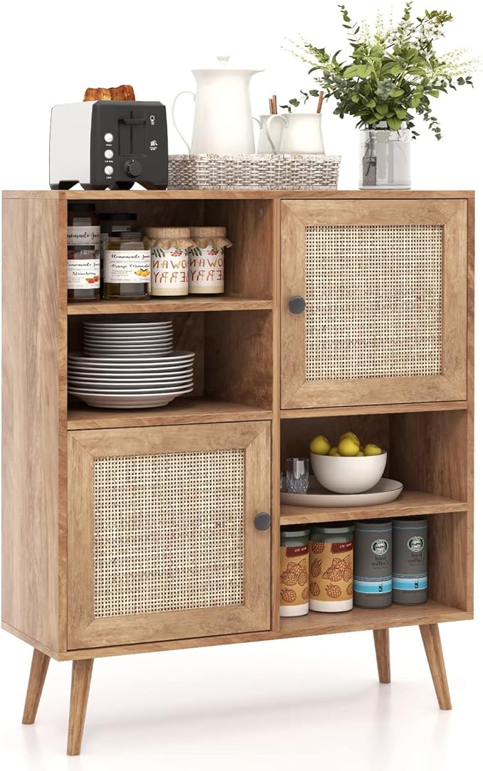 Giantex Buffet Cabinet, Wood Sideboard Storage with 2 Rattan Doors & 2 Cubes, Farmhouse Coffee Bar Accent, Freestanding Cupboard Organizer for Living Room Kitchen Hallway