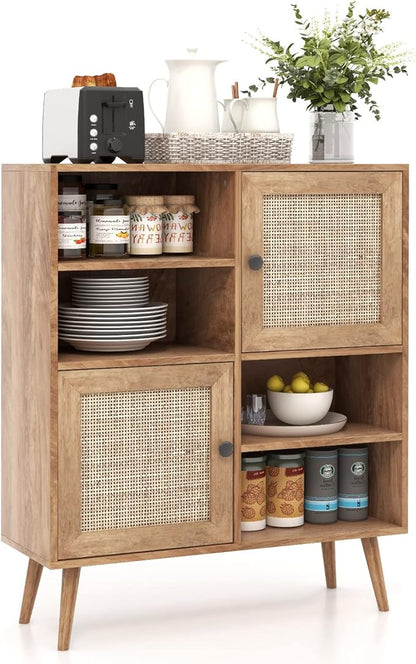 Giantex Buffet Cabinet, Wood Sideboard Storage with 2 Rattan Doors & 2 Cubes, Farmhouse Coffee Bar Accent, Freestanding Cupboard Organizer for Living Room Kitchen Hallway
