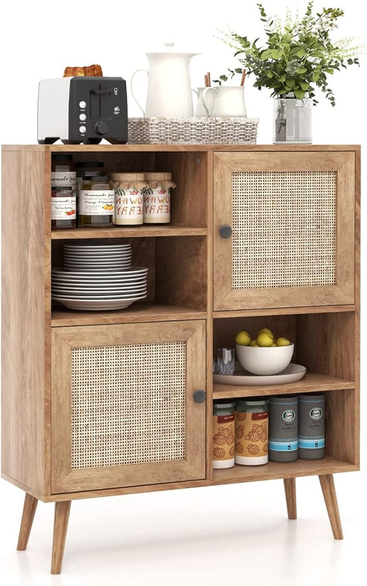 Giantex Buffet Cabinet, Wood Sideboard Storage with 2 Rattan Doors & 2 Cubes, Farmhouse Coffee Bar Accent, Freestanding Cupboard Organizer for Living Room Kitchen Hallway