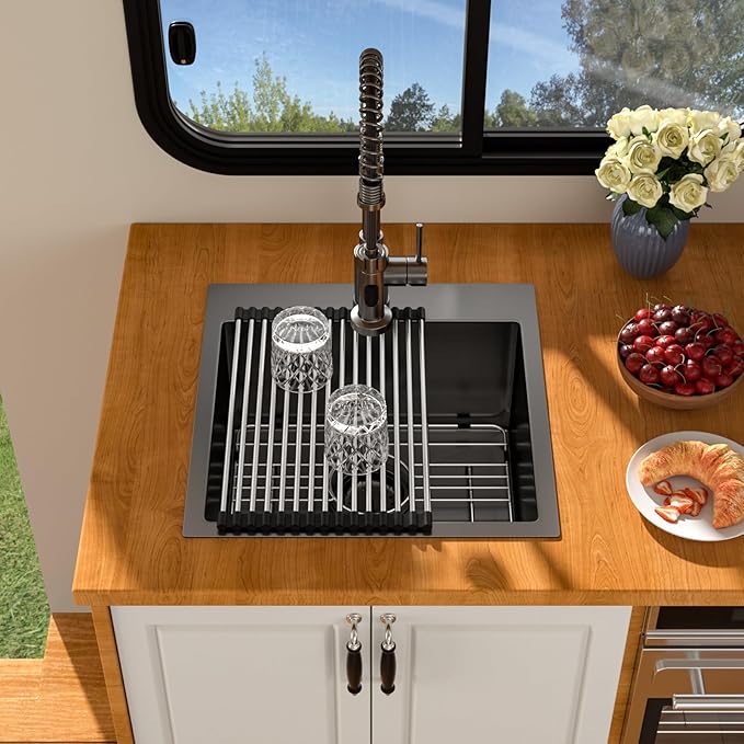 18 Inch Drop In RV Bar Sink - Beslend 18x18x9 Gunmetal Black Topmount Sink for RV Camper, Outdoor Kitchen Sink Black Stainless Steel Wet Bar with Roll-up Rack, Drain Assembly & Rinse Grid