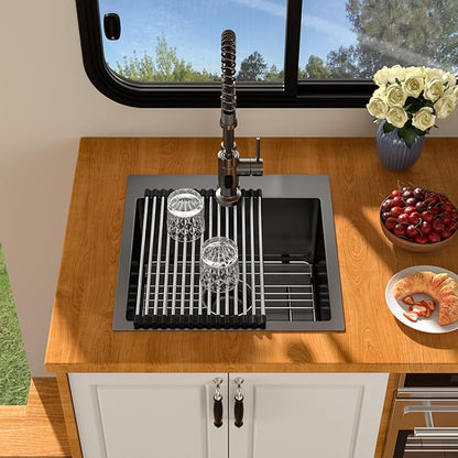 18 Inch Drop In RV Bar Sink - Beslend 18x18x9 Gunmetal Black Topmount Sink for RV Camper, Outdoor Kitchen Sink Black Stainless Steel Wet Bar with Roll-up Rack, Drain Assembly & Rinse Grid
