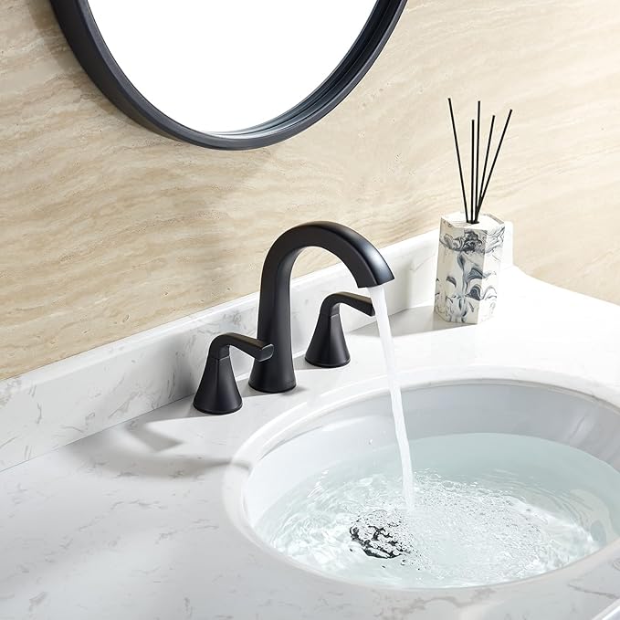 Matte Black Bathroom Sink Faucet, 2 Handle 8 inch Widespread Bathroom Faucet with Pop-up Drain and Water Supply Hose, Lavatory Vanity Faucets, TAF826-MB