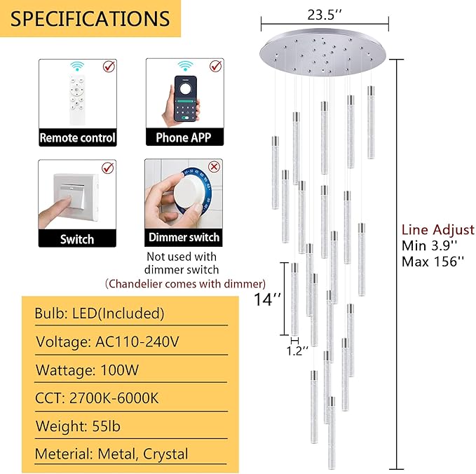 Crystal Chandelier 20-Lights Modern Led Crystal Chandeliers Long Large Spiral Chandeliers for High Ceilings Staircase