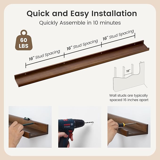 FLYJOE Picture Ledge Shelf, Floating Shelves Set of 2, Solid Pine Wood 55'' Long Large Nursery Book Shelves for Toys Storage, Kids Bookshelf for Living Room Bedroom Decor Books Photo Frames, Walnut