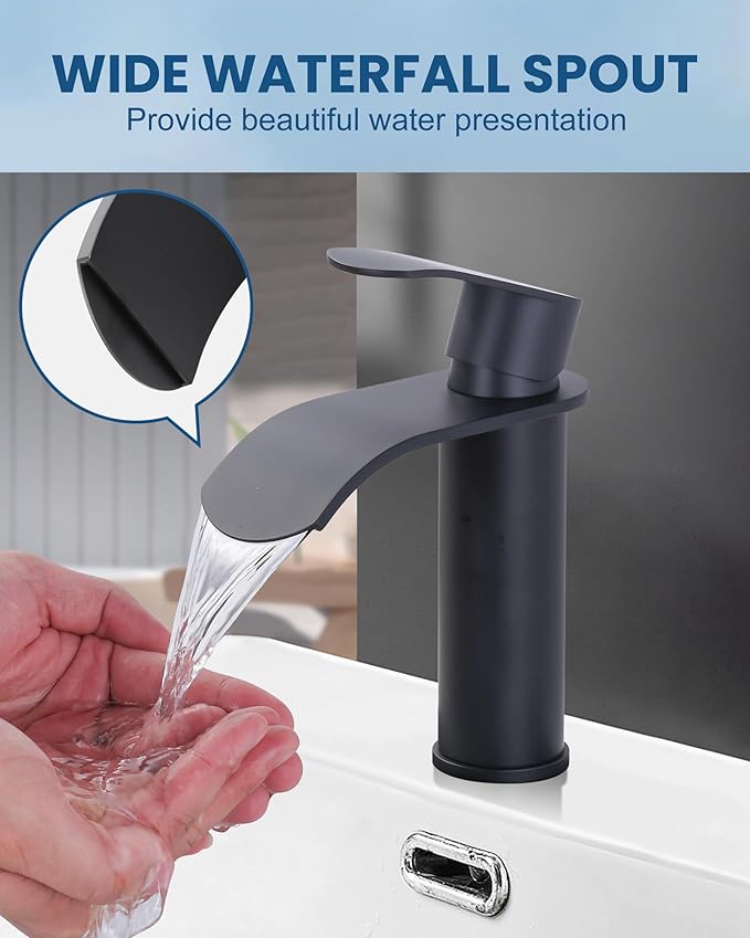 WOWOW Waterfall Bathroom Faucet Matte Black: Bathroom Sink Faucet for 1 Hole or 3 Holes, Single Handle Vanity Faucet with Pop up Drain, Stainless Steel Basin Sink Tap for RV Lavatory