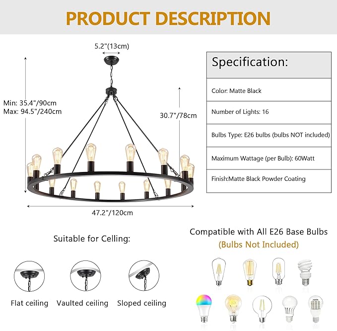 ANKYLHUA Large Black Wagon Wheel Chandelier 47 inch,16-Light Farmhouse Wagon Wheel Chandeliers Round Industrial Ceiling Light fixtures for Outdoor Porch high Ceilings Living Dining Room Foyer Entryway