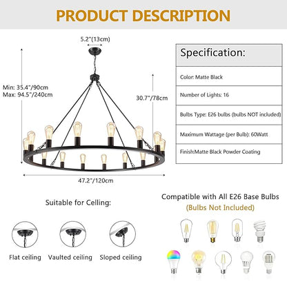 ANKYLHUA Large Black Wagon Wheel Chandelier 47 inch,16-Light Farmhouse Wagon Wheel Chandeliers Round Industrial Ceiling Light fixtures for Outdoor Porch high Ceilings Living Dining Room Foyer Entryway