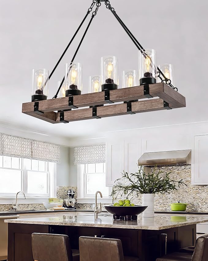 8-Light Wooden Island Pendant with Clear Glass Shades Rustic Linear Pendant Light Ideal for Kitchens, Dining Rooms, and Bars