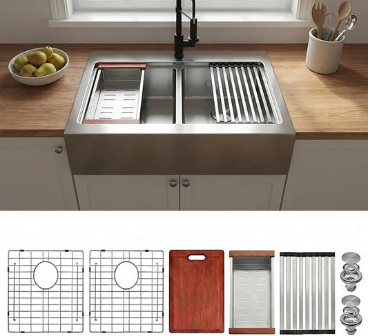 LQS Double Bowl Kitchen Sink, Undermount/Drop In Kitchen Sink, Double Bowl Stainless Steel Kitchen Sinks, 16 Gauge Stainless Steel Handmade Sinks (Stainless Steel, 36" x 22" x 10")