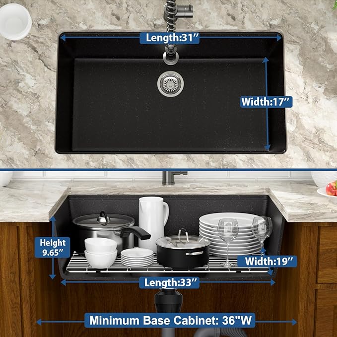 Mocoloo 33 Inch Black Granite Composite Kitchen Sink - 33x19 Undermount Ledge Workstation, Matte Black Quartz Single Bowl Under Counter Kitchen Sinks