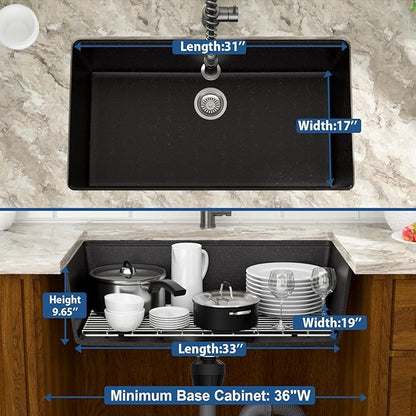 Mocoloo 33 Inch Black Granite Composite Kitchen Sink - 33x19 Undermount Ledge Workstation, Matte Black Quartz Single Bowl Under Counter Kitchen Sinks