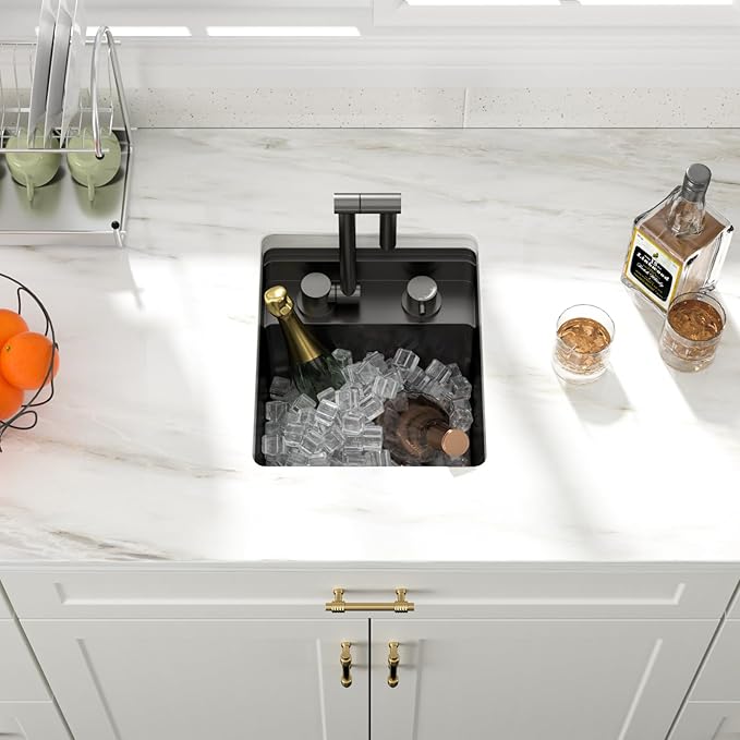 13x15 Outdoor Kitchen Sink Black Concealed Undermount RV Sink Gunmetal Black NANO PVD Stainless Steel Handmade Ledge Workstation Single Bowl Outdoor Sinks with Concealed Folding Faucet,13"x15"x9"
