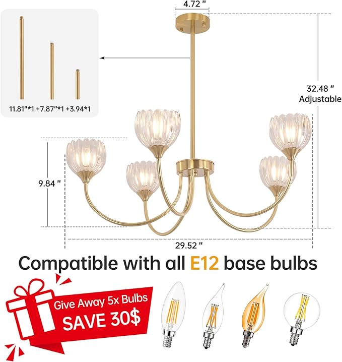 Shenmoyl 30.31" Brass Gold Chandelier, 5-Light Chandelier Light with Clear Tulip Glass Lampshade, Height Adjustable Vintage Chandeliers for Dining Room Living Room Kitchen Island