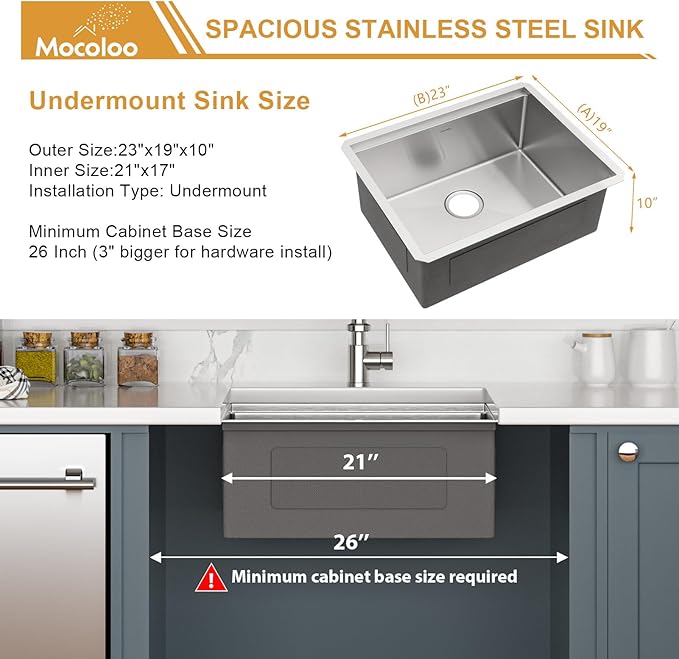 Mocoloo 23 Inch Undermount Kitchen Sink - Stainless Steel Undermount Bar Prep Single Bowl 16 Gauge 10" Deep 23x19 Kitchen Sink Workstation Handmade RV Laundry Sinks with Track
