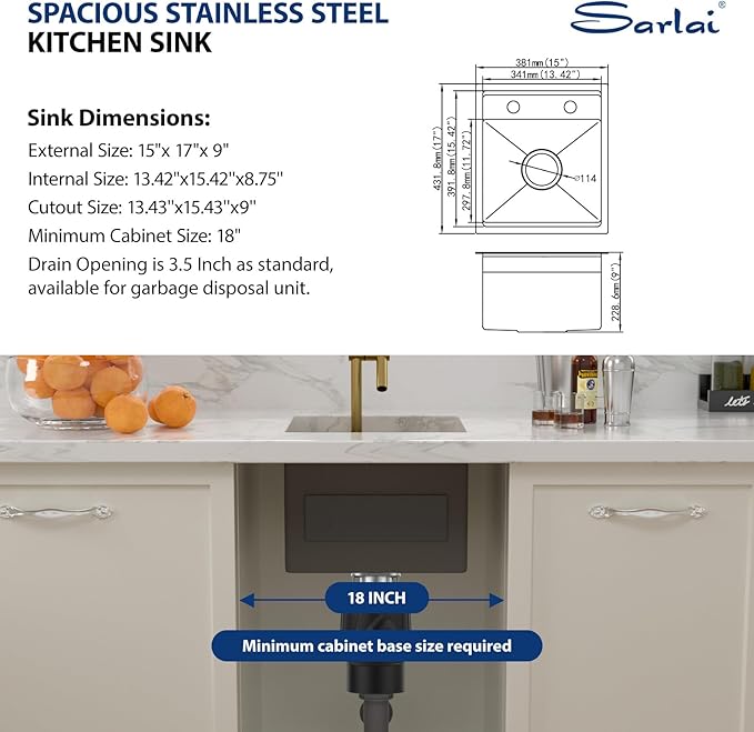 Sarlai Outdoor Sink, 15x17 Inch Gold Undermount Kitchen Sink Workstation with Foldable Faucet Bar Prep Single Bowl Gold Kitchen Sinks16 Gauge Stainless Steel BBQ Sinks with Cover 15"x17"x9“