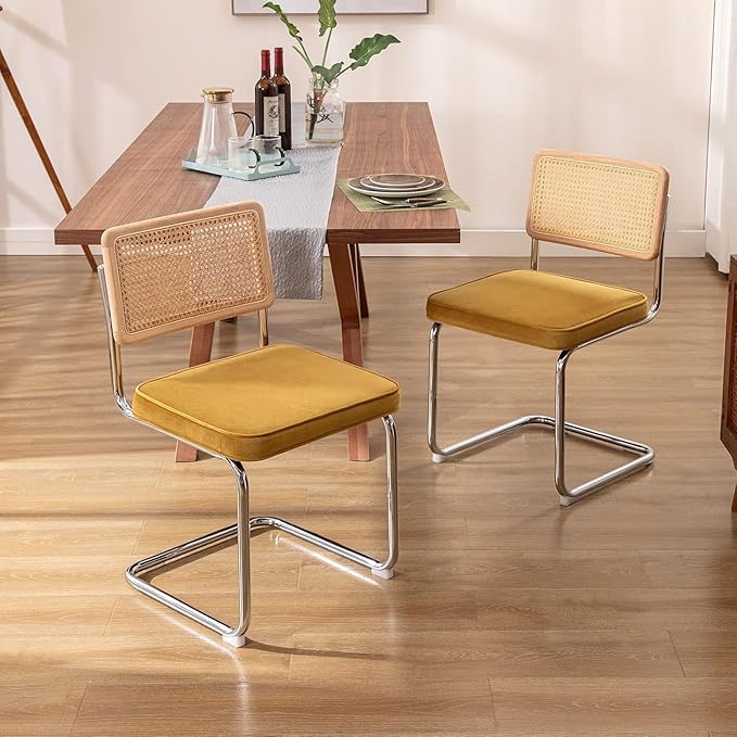 Zesthouse Dining Chairs Set of 4, Natural Rattan Accent Chairs with Solid Wood Back & Stainless Chrome Base, Mid Century Modern Breuer Design Inspired, Upholstered Velvet Kitchen Chairs, Yellow