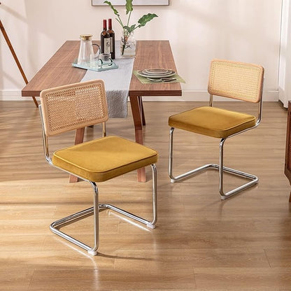 Zesthouse Rattan Dining Chairs Set of 6, Mid Century Modern Dining Room Chairs with Natural Cane Mesh & Chrome Base, Yellow Velvet Cesca Chair, Farmhouse Kitchen Chair with Solid Wood Frame Back