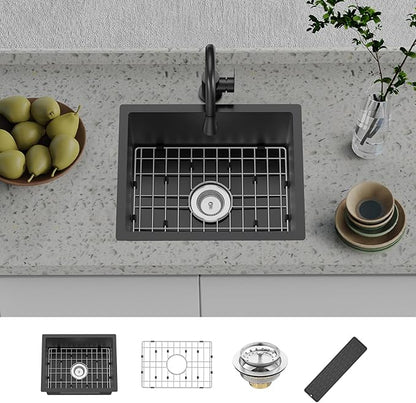 Black Kitchen And Bar Sink, 20x16 Inch Stainless Steel Undermount Modern Single Bowl Kitchen And Bar Sink Combo-SS Grid,Silicon Mat,Drain Strainer Set Compatibility With Various Kitchen&Bar Style