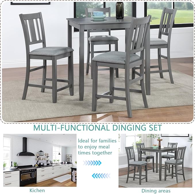 5-Piece Counter Height Solid Wood Dining Table Set for 4, Square Kitchen Table with 4 Upholstered Slatted-Back Chairs, Modern Gray Dining Set for Kitchen and Dining Room