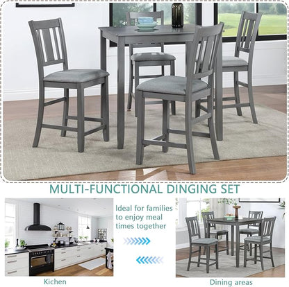 5-Piece Counter Height Solid Wood Dining Table Set for 4, Square Kitchen Table with 4 Upholstered Slatted-Back Chairs, Modern Gray Dining Set for Kitchen and Dining Room