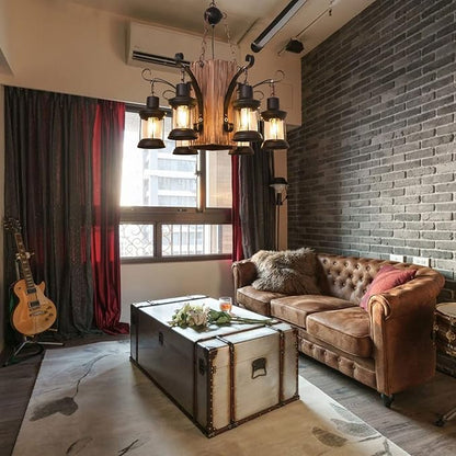 6-Light Wood Hanging Lamp, Industrial Farmhouse Island Chandelier with Black Metal Lampshade & Adjustable Cord, Retro Loft Chandelier Dinning Table Pendant Lamp Fixtures for Bar Home Hotel Hallway