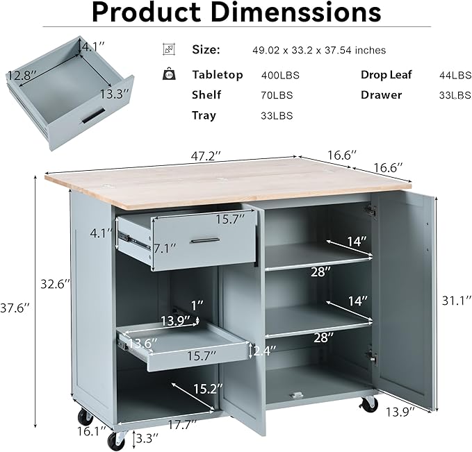 Rolling Kitchen Island Cart with Foldable Counter Top,Slide-Out Shelf and Lockable Wheels,Towel Rack and Drawer,for Kitchen Living Room Dining Room (Grey Blue@y)