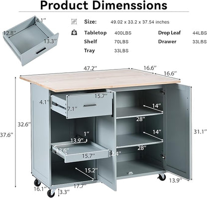 Rolling Kitchen Island Cart with Foldable Counter Top,Slide-Out Shelf and Lockable Wheels,Towel Rack and Drawer,for Kitchen Living Room Dining Room (Grey Blue@y)