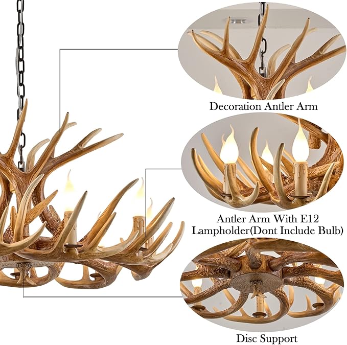 Antler Chandelier Lighting, Vintage Deer Antler Chandelier 9 Light, Farmhouse Antler Light Fixtures Ceiling E12 Base for Home Store Coffee Bar (9 lamp arms + 3arms)
