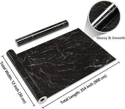 CRE8TIVE Black Marble Contact Paper for Countertops Waterproof Glossy Marble Wallpaper Peel and Stick Countertops Self Adhesive Removable Marble Vinyl Roll for Cabinets Table Tops Shelf Liner 12"x80"