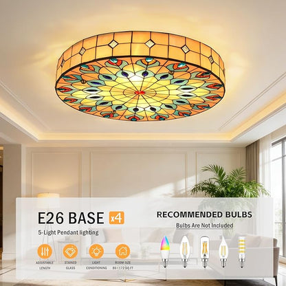 20" Vintage Stained Glass Ceiling Light, 4-Light Stained Glass Flush Mount Light Fixture, Chandelier Ceiling Pandent Lamp for Farmhouse Kitchen Island (Retro)