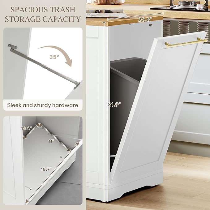 DWVO Large Kitchen Island with Trash Can Cabinet, 53 Inch Kitchen Island on Wheels, Rolling Island with Tilt-Out Garbage Storage Fits 13 Gallon Bin, Spice Rack and Drawer, for Dining Room, White