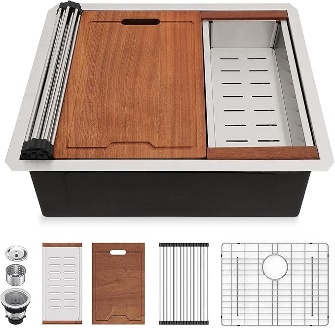 Lordear 23 Inch Undermount Kitchen Sink Workstation16 Gauge Stainless Steel Bar Sinks Single Bowl with Cutting Board Under Counter Handmade Sink