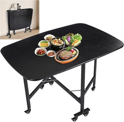 Folding Dining Table, Moveable Kitchen Desk with Wheels, Foldable Dining Table, Space Saving Desk, for Restaurant Room, Kitchen, Living Room, Rustic and Black, Drop Leaf Dining Table with 6 Wheels