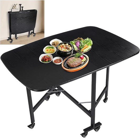 Folding Dining Table, Moveable Kitchen Desk with Wheels, Foldable Dining Table, Space Saving Desk, for Restaurant Room, Kitchen, Living Room, Rustic and Black, Drop Leaf Dining Table with 6 Wheels