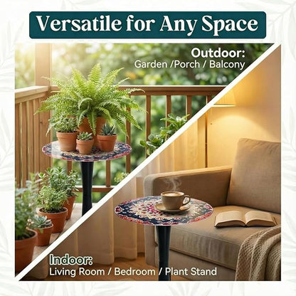 Simmer Stone 13.4" Outdoor Side Table, Round Patio Bistro Table Printed Tempered Glass Top, Waterproof Rust-Proof Base, Small Plant Stand for Balcony, Garden, Deck, 21.6" H (Ochre Color)