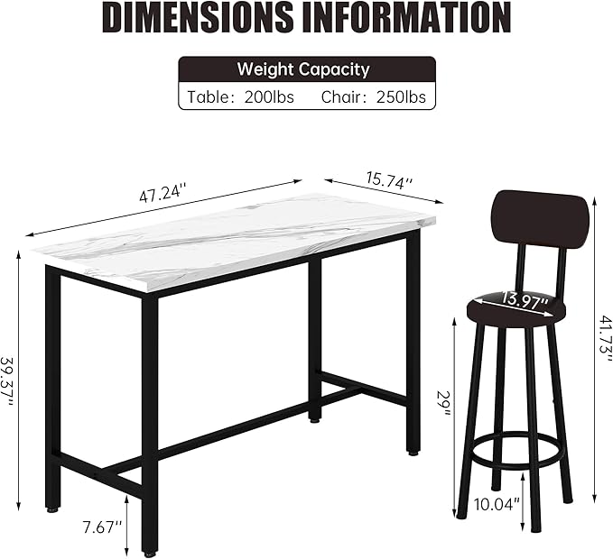 DKLGG 47" Rectangle Dining Table Set for 2 With MDF Tabletop & PU Leather Chairs - Bar Pub Set for Small Space Kitchen, Living Room, Apartment, White