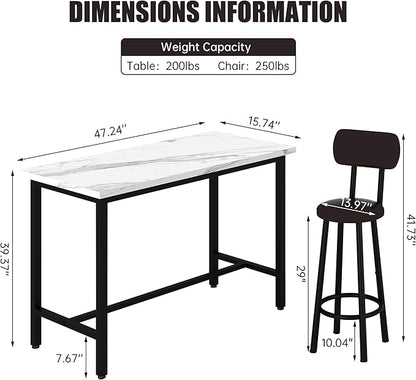DKLGG 47" Rectangle Dining Table Set for 2 With MDF Tabletop & PU Leather Chairs - Bar Pub Set for Small Space Kitchen, Living Room, Apartment, White