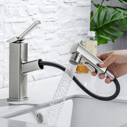 HANLIAN Single Hole Bathroom Pull Out Faucet with Rotating Spout, One Handle Faucet for Bathroom Sink, Modern Bathroom Faucet with Pull Down Sprayer, 3 Modes Vanity Faucets (Brushed Nickel, Regular)