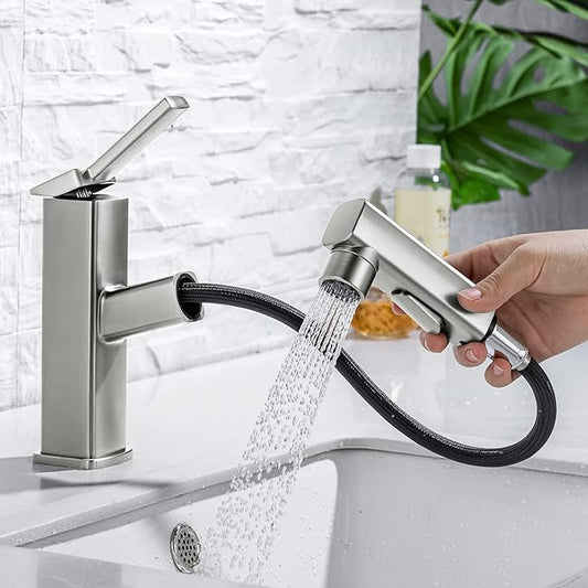 HANLIAN Single Hole Bathroom Pull Out Faucet with Rotating Spout, One Handle Faucet for Bathroom Sink, Modern Bathroom Faucet with Pull Down Sprayer, 3 Modes Vanity Faucets (Brushed Nickel, Regular)