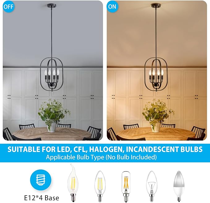 XINGQI Modern Chandeliers for Dining Room, 12.2" Farmhouse Rustic Geometric Pendant Lighting Fixture Metal Black 4-Light Ceiling Lamp for Entryway Bedroom Hallway Foyer Kitchen Office Bar