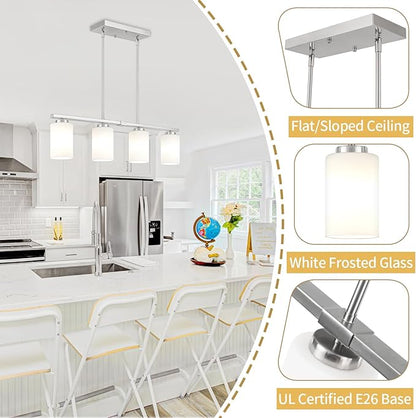 Brushed Nickel Island Lights for Kitchen, 4-Light Dining Room Light Fixtures Modern Linear Chandeliers Over Table White Frosted Glass Adjustable Hanging Lights Kitchen Pendant Lighting Over Island